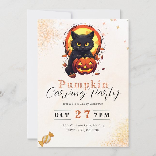 Invitación Jack'o de gato negro - Fiesta de calabaza de linte (Anverso)