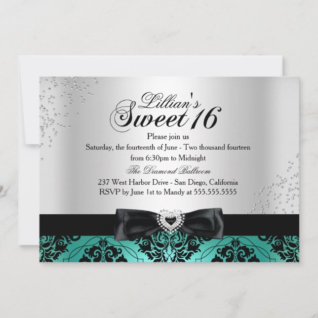 Invitación Jade Black Damask Sparkle Sweet 16 (Anverso)