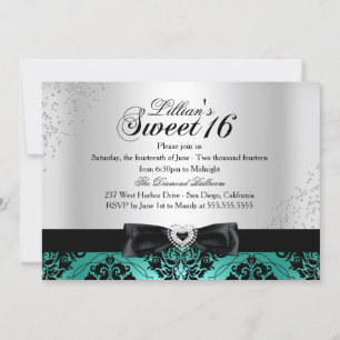 Invitación Jade Black Damask Sparkle Sweet 16
