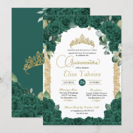 Invitación Jade Green Rosa Floral y Quinceanera de Oro