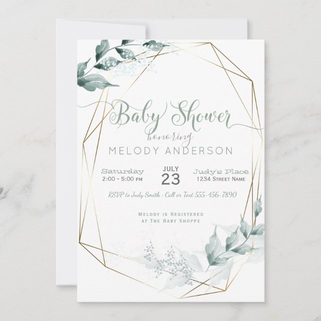 Invitación Jade Green Watercolor Botánico Baby Shower (Anverso)