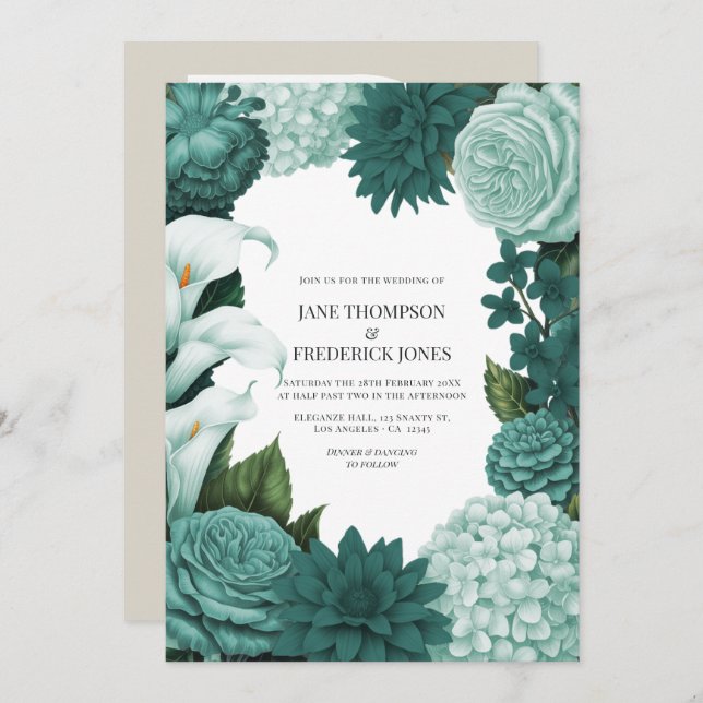Invitación Jade Haze, Alpine Teal & Snow Mint Floral Wedding (Anverso / Reverso)