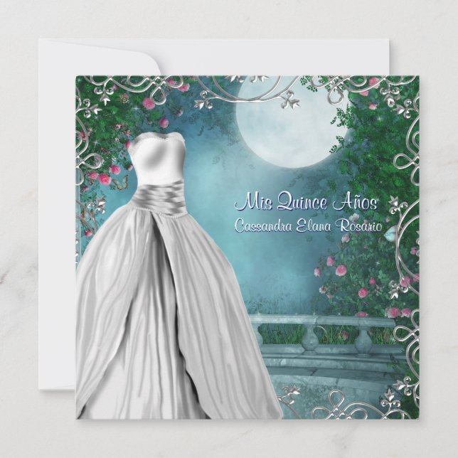Invitación Jade Verde Azul Turquesa Rosas Quinceañera (Anverso)