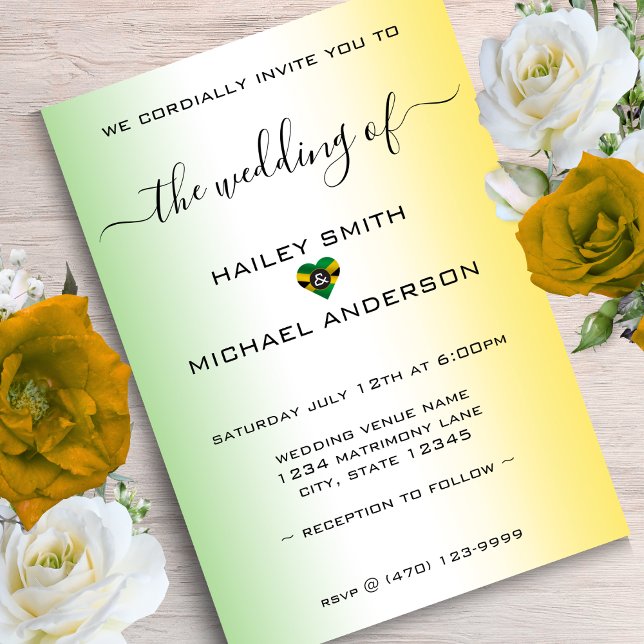 Invitación Jamaica Ombre Boda de foto de la bandera jamaiquin (Jamaica Ombre Jamaican Flag Heart Photo Wedding Invitation)