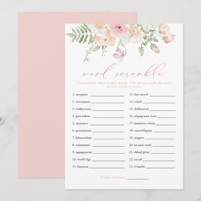 Invitación JANE Rubor Pink Floral Bridal Word Scramble Game (Anverso / Reverso)