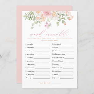 Invitación JANE Rubor Pink Floral Bridal Word Scramble Game
