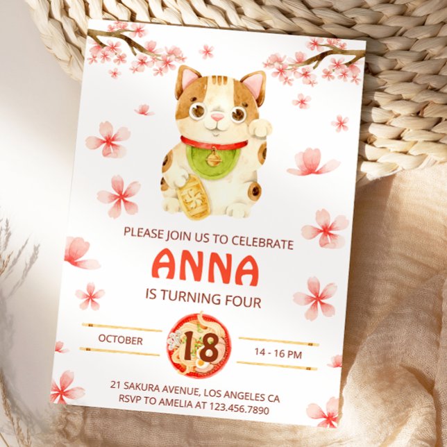 Invitación Japan Lucky Cat Cherry Blossom (Subido por el creador)