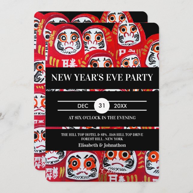 Invitación Japanese Daruma Dolls New Years Eve Party (Anverso / Reverso)