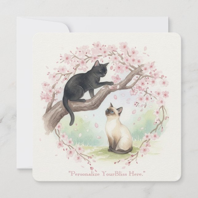 Invitación Japanese Sakura & Zen Cats Watercolor  (Anverso)