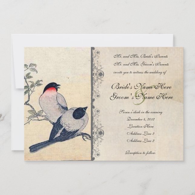 Invitación japonesa de casamiento de aves amorosas (Anverso)