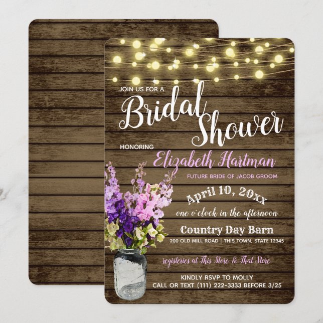 Invitación Jar de Delfenios y Luces Rústica Ducha Bridal (Anverso / Reverso)