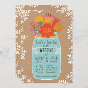 Invitación Jar de mason rústico con flores en papel de artesa