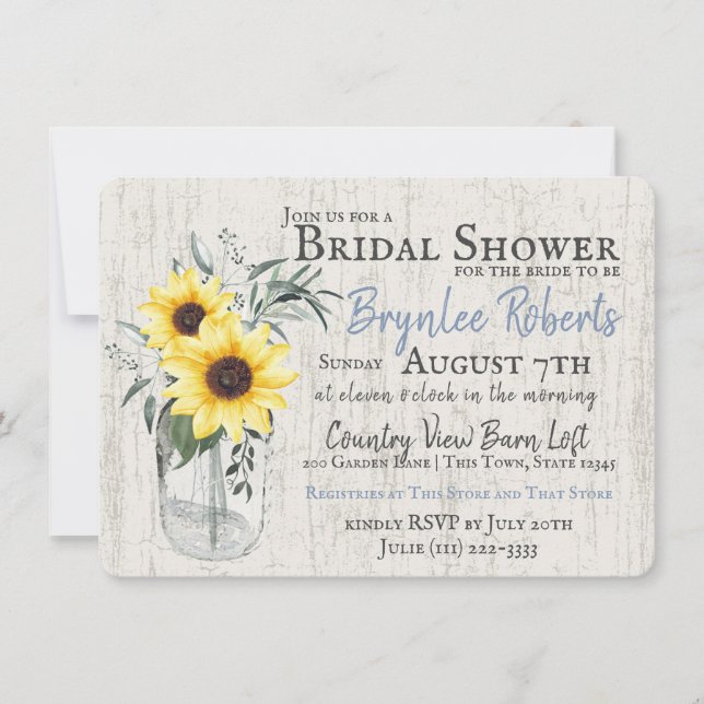Invitación Jar y Sunflowers Rústica ducha de novias (Anverso)