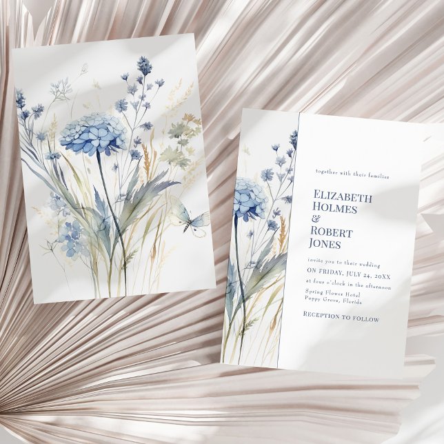 Invitación Jardín Acuarela de Flor Silvestre Azul Boda (Boho Chic French Blue Wildflowers Wedding Invitation on a sunny dry palm leaf.)