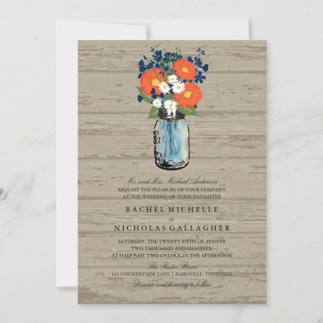 Invitación Jardín azul y Naranja Mason Jar Wood | Boda (Anverso)