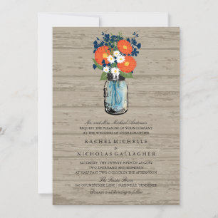 Invitación Jardín azul y Naranja Mason Jar Wood Boda