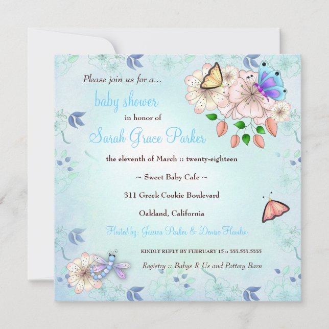 Invitación Jardín Baby Shower #2 azul de LGC el | (Anverso)