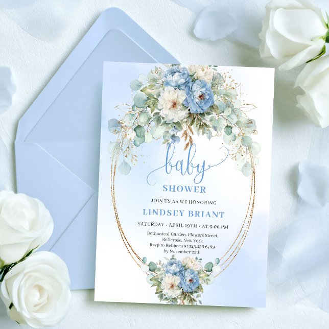 Invitación Jardín Boho Flores Azules Polvorientas Verde Baby  (Garden Boho Dusty Blue Flowers Greenery Baby Shower)