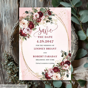 Invitación Jardín Boho Merlot Rubor Rosas Salva la Fecha