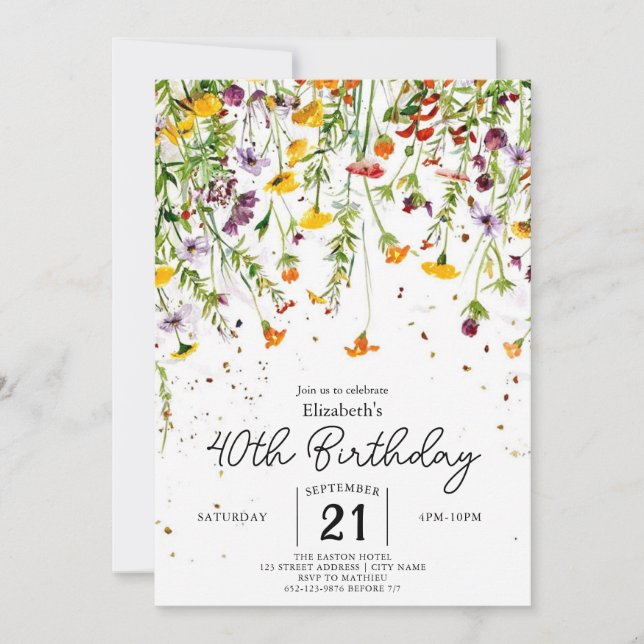 Invitación Jardín Boho Wildflowers 40 cumpleaños (Anverso)