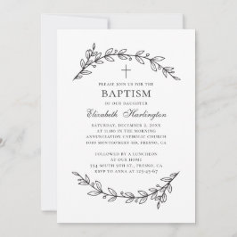 Invitación Jardín botánico. Bautismo elegante en blanco y neg