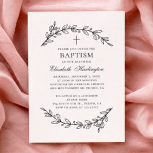 Invitación Jardín botánico. Bautizo elegante en blanco y negr