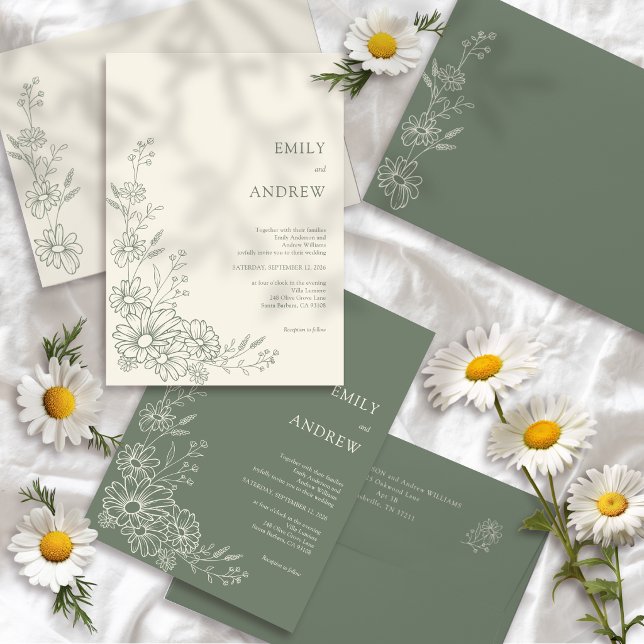 Invitación Jardín Botánico de Daisys Verde Salvia Boda (Subido por el creador)
