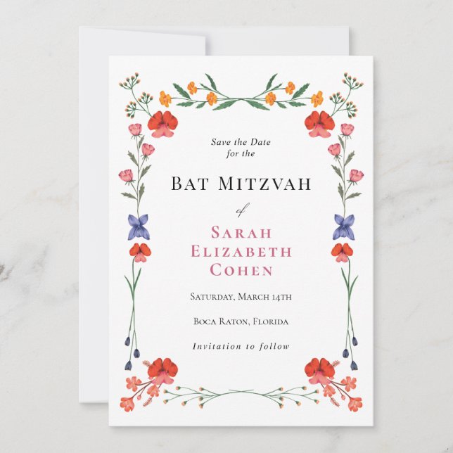 Invitación Jardín Botánico de Flor Silvestre Bat Mitzvah (Anverso)