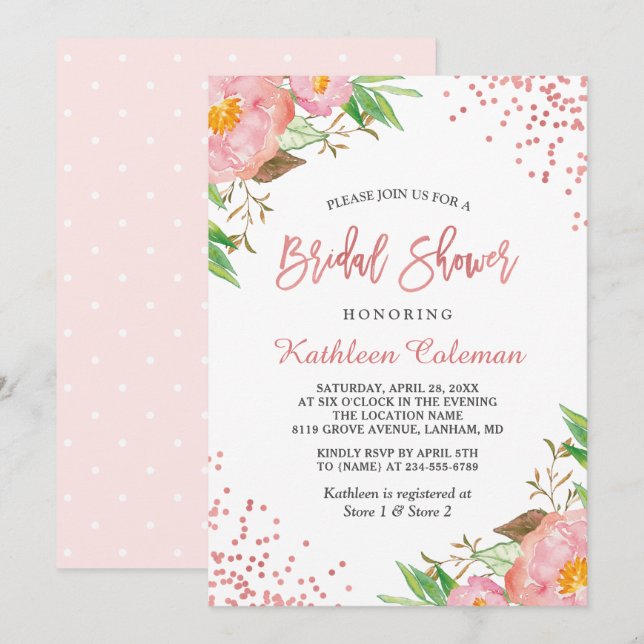 Invitación Jardín Botánico de Polka Floral Dots Bridal Shower (Anverso / Reverso)