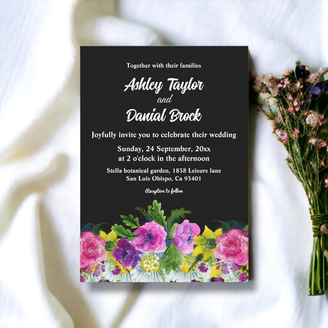 Invitación Jardín Botánico Rústico Boho Boda Floral Negro (Subido por el creador)
