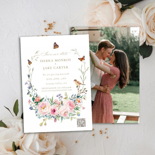 Invitación Jardín Código QR Botánico Boda de fotografía Guard (garden wedding save the date photo QR code wildflowers roses enchanted woodland forest butterflies)