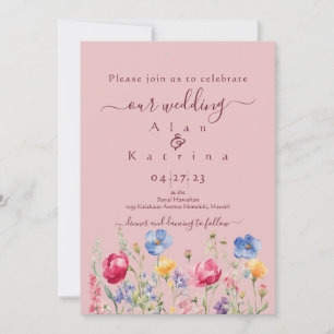 Invitación Jardín Colorido Boho Flor Silvestre Sobre Rosa
