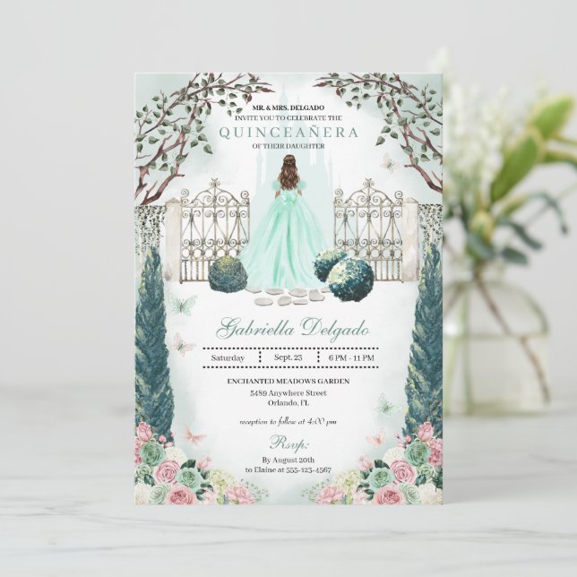 Invitación Jardín con encanto de Rubor verde de la menta Quin (Anverso de pie)