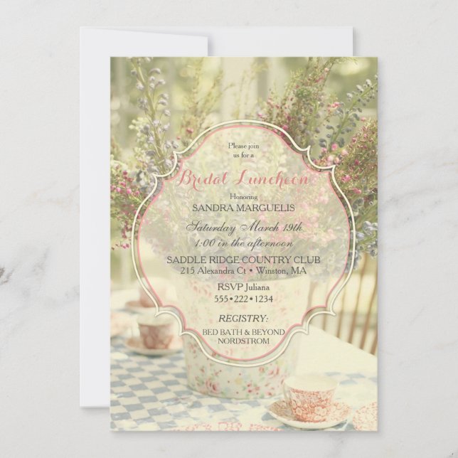 Invitación Jardín Country Chic Flores Suaves Desvaídas (Anverso)