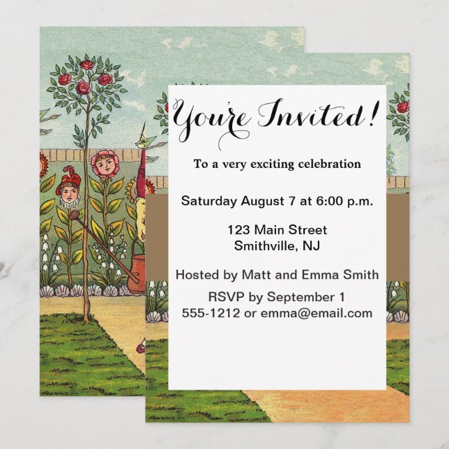 Invitación Jardín Crecer Flor Mujer Arte Antiguo (Anverso / Reverso)