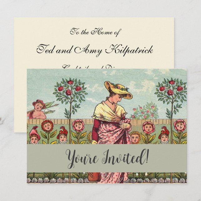 Invitación Jardín Crecer Flor Mujer Arte Antiguo (Anverso / Reverso)