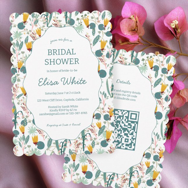Invitación Jardín de Agua Floral Despedida de Soltera Lindo Q (Water Garden Floral Bridal Shower Cute CUSTOM QR Code Scalloped Invitation
)