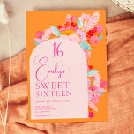 Invitación jardín de bonito negrita rosa floral dulce 16<br><div class="desc">Brillante y vibrante Bonito jardín rosa,  rojo y azul floral dulce fiesta de 16 cumpleaños con audaces flores abstractas pintadas a mano con un elegante y moderno guión de broche en negrita naranja. Perfecto para la primavera,  fiesta de cumpleaños de verano.</div>