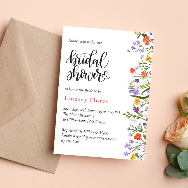 Invitación Jardín de Flores Botánicas Letra para Despedida de (Garden flowers botanical script invitation creates a fresh, elegant bridal shower tone)