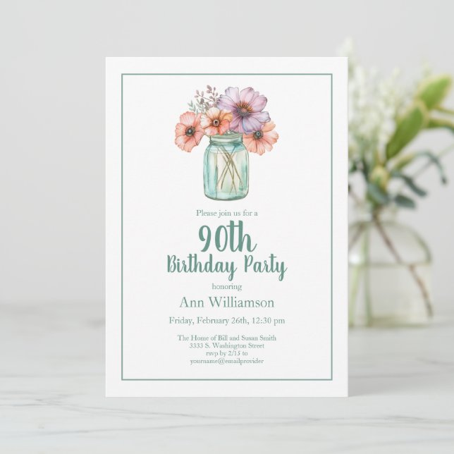 Invitación Jardín de flores de acuarela simple cumpleaños 90 (Anverso de pie)