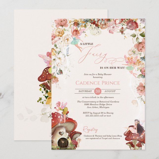 Invitación Jardín de flores de hadas de pequeño bebé ducha (Anverso / Reverso)