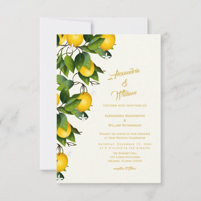 Invitación Jardín de flores de limón moderno | BODA (Anverso)