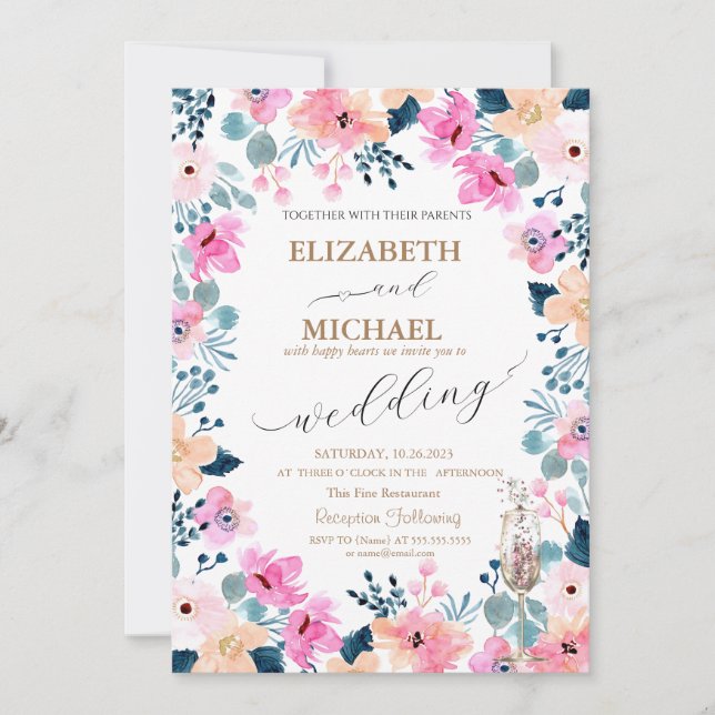 Invitación Jardín de flores rosadas acuarela (Anverso)