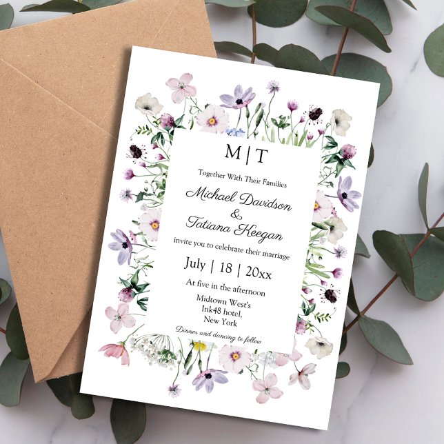 Invitación jardín de flores silvestres caprichosas monograma  (Subido por el creador)