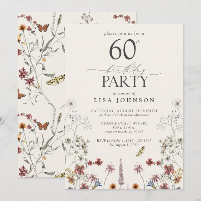 Invitación Jardín de flores silvestres de la fiesta de cumple (Anverso / Reverso)