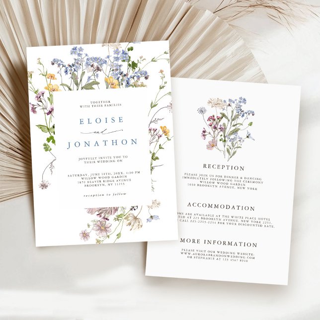 Invitación Jardín de flores silvestres de primavera en un sol (Pretty Spring Wildflower Meadow Garden All in One Wedding Invitation)