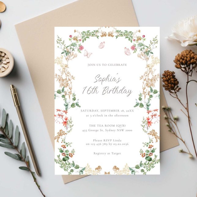 Invitación Jardín de flores silvestres elegante Cumpleaños 16 (Subido por el creador)