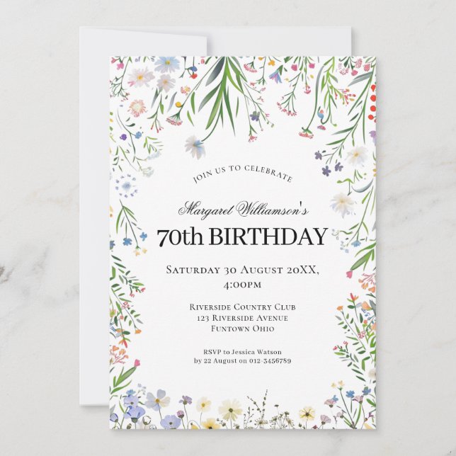 Invitación Jardín de flores silvestres para el 70 cumpleaños (Anverso)