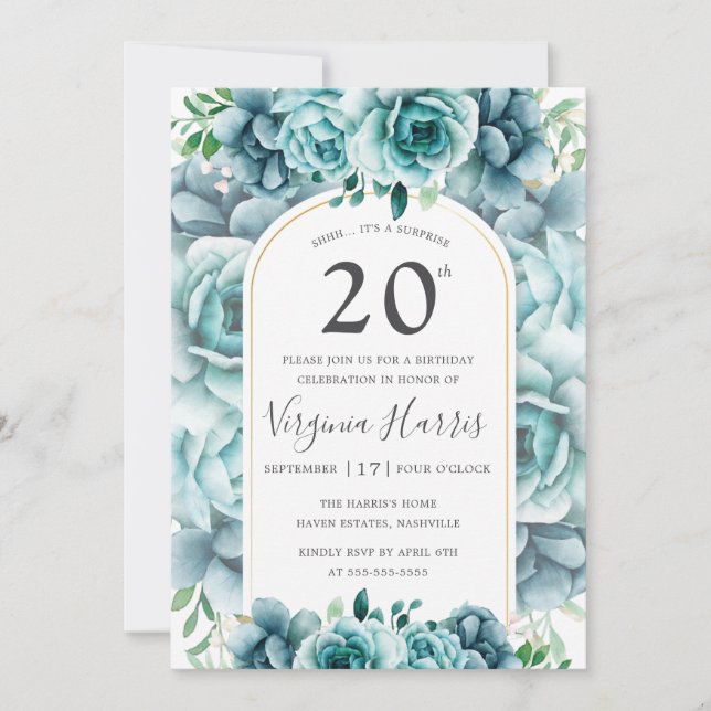 Invitación Jardín de Flores Verdes Veinte cumpleaños (Anverso)