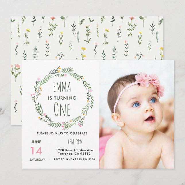 Invitación Jardín de Fotografía de Flor Silvestre Primer Cump (Anverso / Reverso)